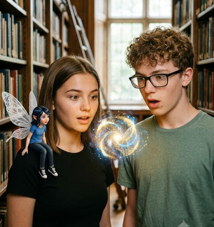 Artwork for Gemma Burgo and the Second Wave showing Gemma, a teenage boy, a blue pixie named Thelio, and glowing magic in a library.